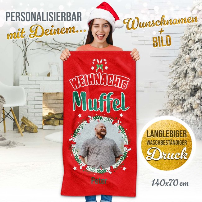 Lustiges Handtuch Weihnachtsmuffel - mit Name &amp; Foto - in drei Gr&ouml;&szlig;en