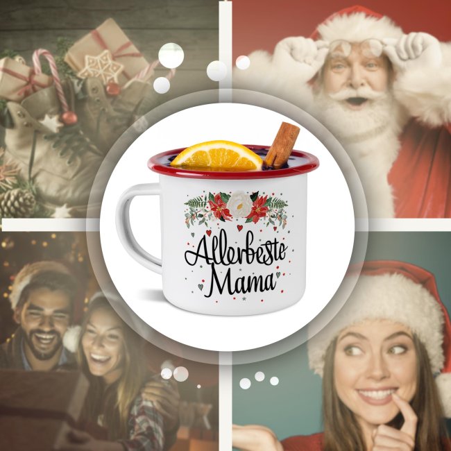 Weihnachts-Emailletasse f&uuml;r Mama - Rand Rot 300 ml