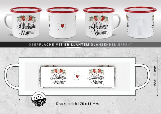 Weihnachts-Emailletasse f&uuml;r Mama - Rand Rot 300 ml