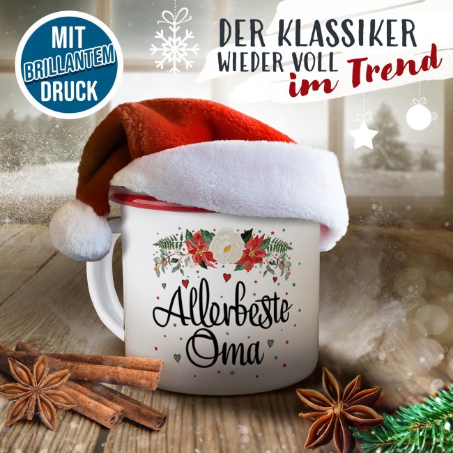 Weihnachts-Emailletasse f&uuml;r Oma - Rand Rot 300 ml