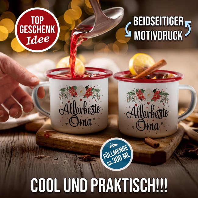 Weihnachts-Emailletasse f&uuml;r Oma - Rand Rot 300 ml