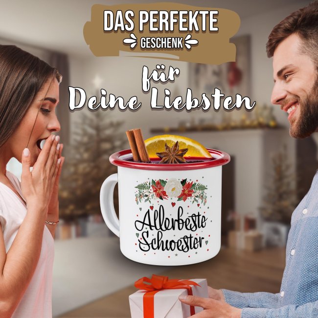 Weihnachts-Emailletasse f&uuml;r die Schwester - Rand Rot 300 ml