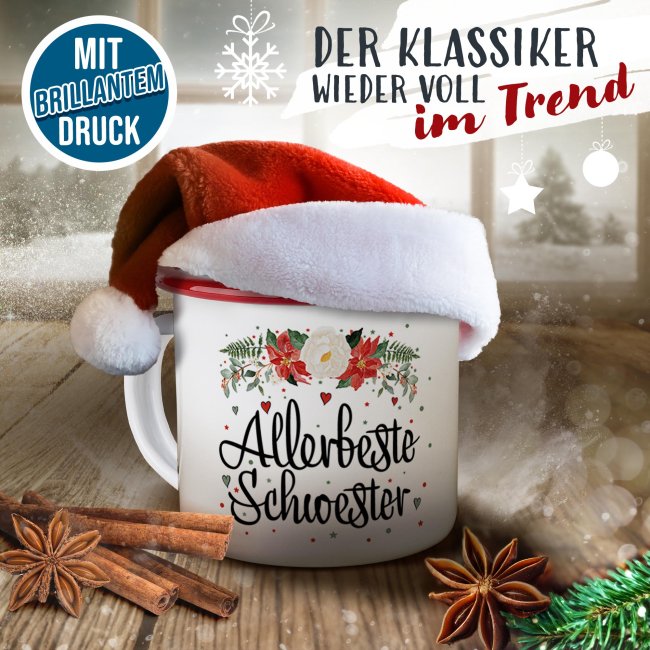 Weihnachts-Emailletasse f&uuml;r die Schwester - Rand Rot 300 ml