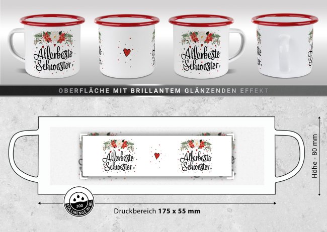 Weihnachts-Emailletasse f&uuml;r die Schwester - Rand Rot 300 ml