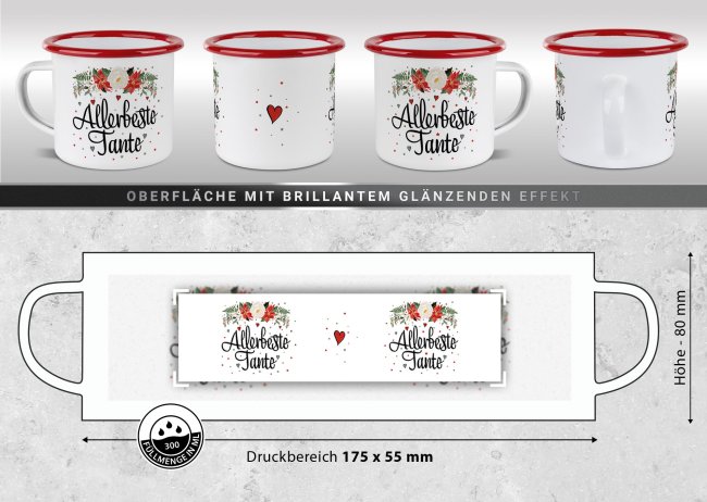 Weihnachts-Emailletasse f&uuml;r die Tante - Rand Rot 300 ml