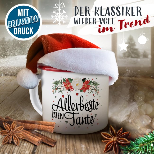 Weihnachts-Emailletasse f&uuml;r die Patentante - Rand Rot 300 ml