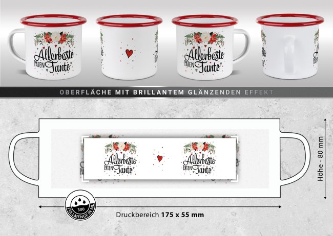 Weihnachts-Emailletasse f&uuml;r die Patentante - Rand Rot 300 ml