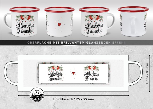 Weihnachts-Emailletasse f&uuml;r die Freundin - Rand Rot 300 ml