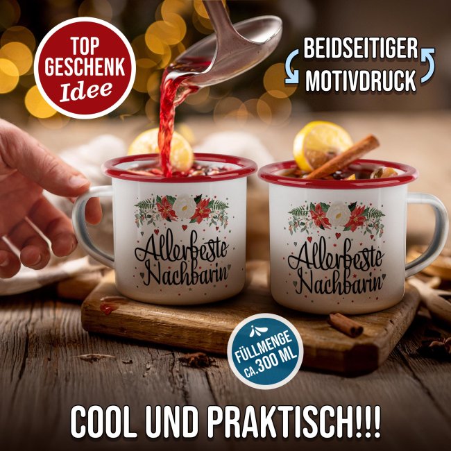 Weihnachts-Emailletasse f&uuml;r die Nachbarin - Rand Rot 300 ml