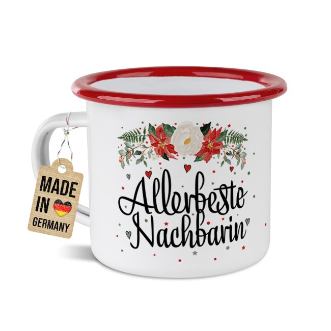 Weihnachts-Emailletasse f&uuml;r die Nachbarin - Rand Rot 300 ml