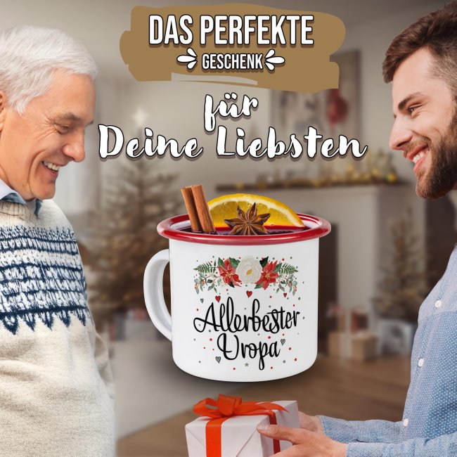 Weihnachts-Emailletasse f&uuml;r den Uropa - Rand Rot 300 ml