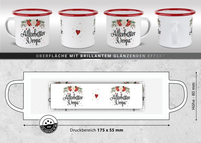 Weihnachts-Emailletasse f&uuml;r den Uropa - Rand Rot 300 ml