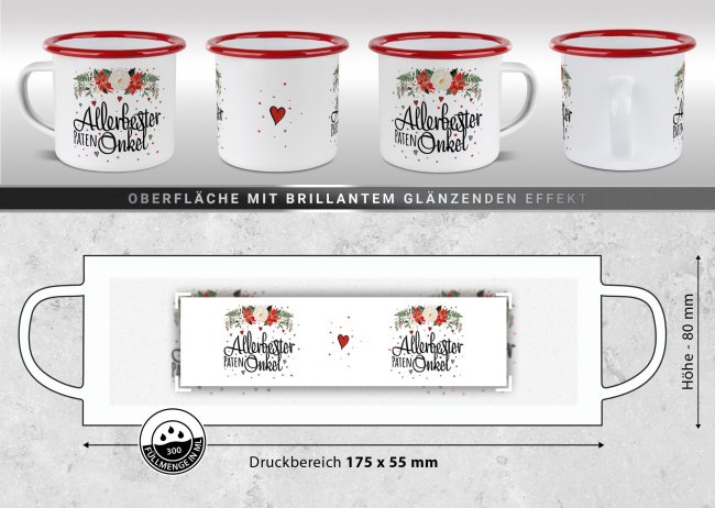 Weihnachts-Emailletasse f&uuml;r den Patenonkel - Rand Rot 300 ml