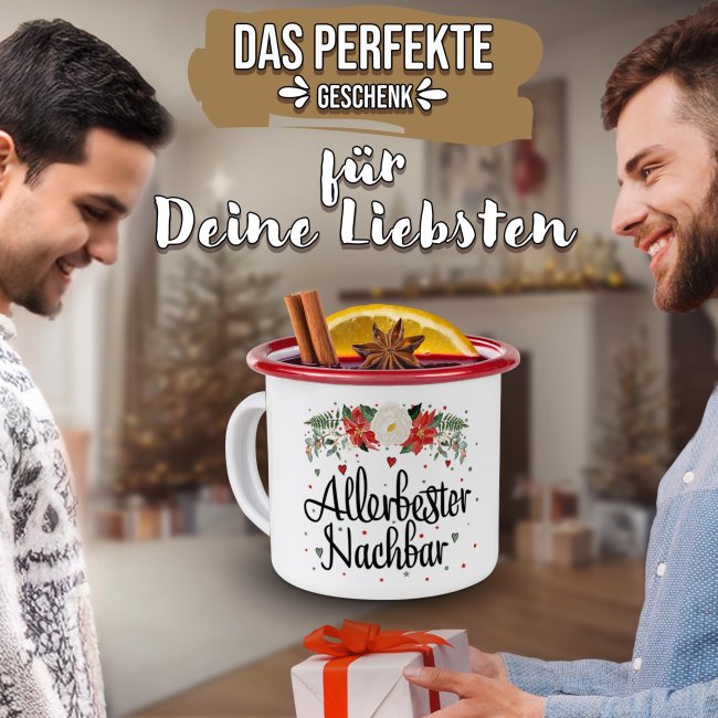 Weihnachts-Emailletasse f&uuml;r den Nachbar - Rand Rot 300 ml