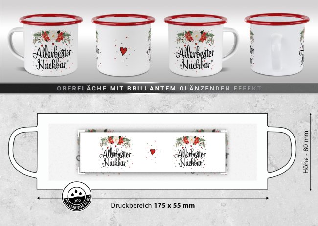 Weihnachts-Emailletasse f&uuml;r den Nachbar - Rand Rot 300 ml