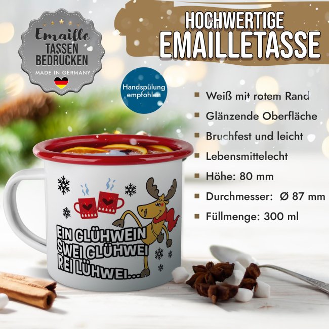 Emaille Tasse f&uuml;r Gl&uuml;hwein - Rei L&uuml;hwei - Rand Rot 300 ml