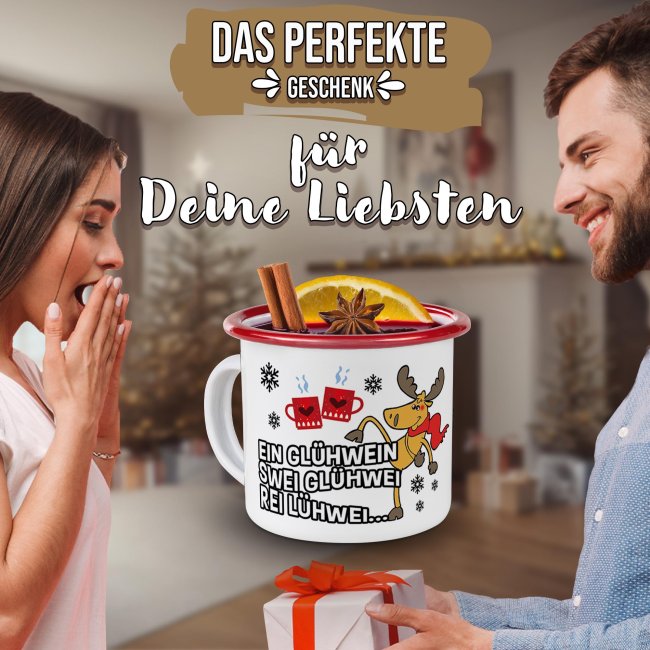 Emaille Tasse f&uuml;r Gl&uuml;hwein - Rei L&uuml;hwei - Rand Rot 300 ml