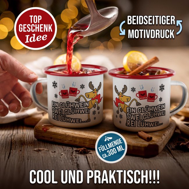 Emaille Tasse f&uuml;r Gl&uuml;hwein - Rei L&uuml;hwei - Rand Rot 300 ml