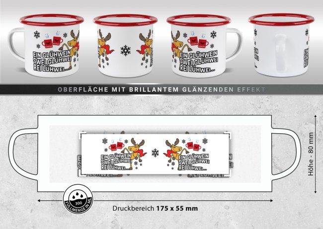 Emaille Tasse f&uuml;r Gl&uuml;hwein - Rei L&uuml;hwei - Rand Rot 300 ml