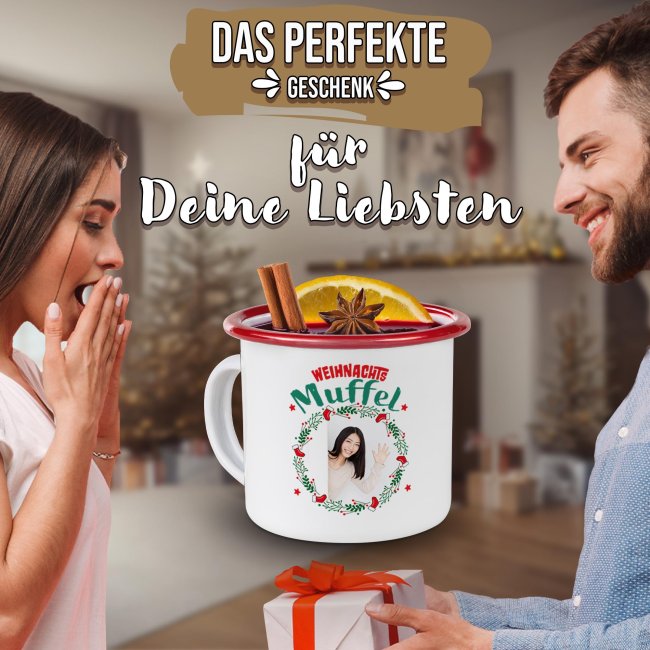 Weihnachts-Emailletasse - WeihnachtsMUFFEL - mit Foto - Rand Rot 300 ml