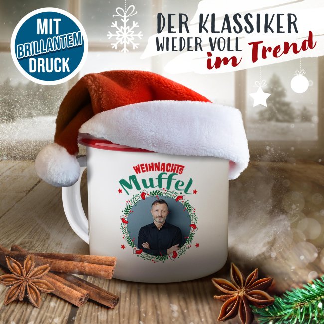 Weihnachts-Emailletasse - WeihnachtsMUFFEL - mit Foto - Rand Rot 300 ml