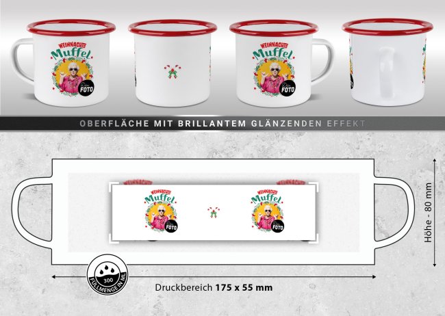 Weihnachts-Emailletasse - WeihnachtsMUFFEL - mit Foto - Rand Rot 300 ml