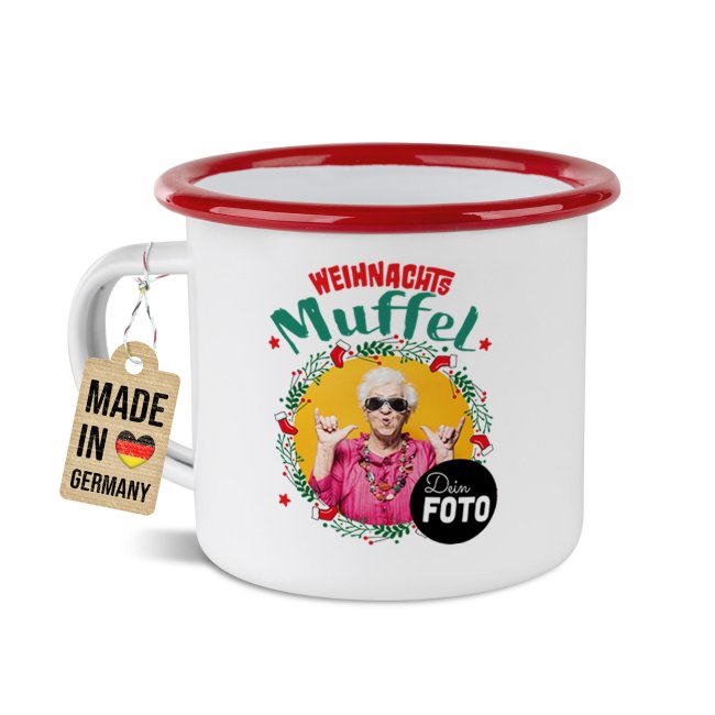 Weihnachts-Emailletasse - WeihnachtsMUFFEL - mit Foto - Rand Rot 300 ml