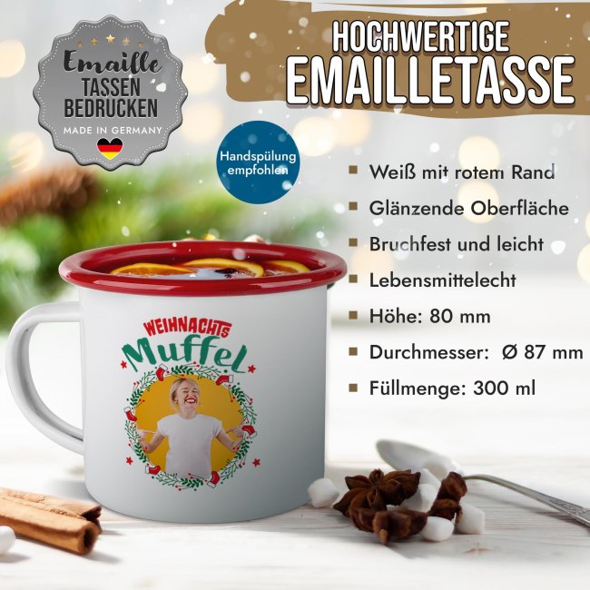 Weihnachts-Emailletasse - WeihnachtsMUFFEL - mit Foto - Rand Rot 300 ml