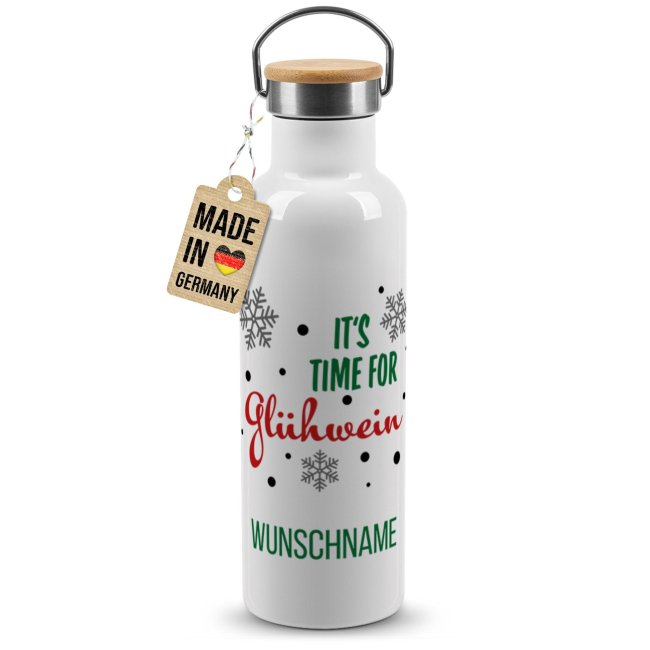 Trinkflasche mit Bambusdeckel - Its time for Gl&uuml;hwein - mit Name - Wei&szlig; 750 ml