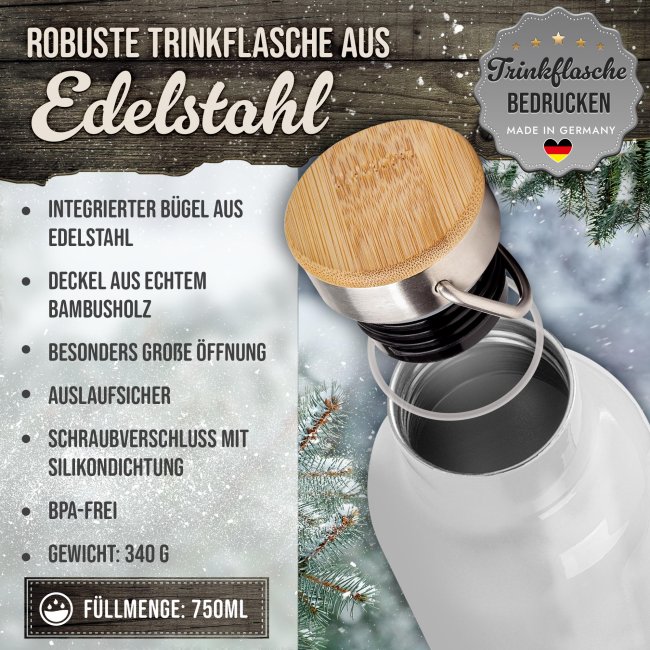 Trinkflasche mit Bambusdeckel - Its time for Gl&uuml;hwein - mit Name - Wei&szlig; 750 ml