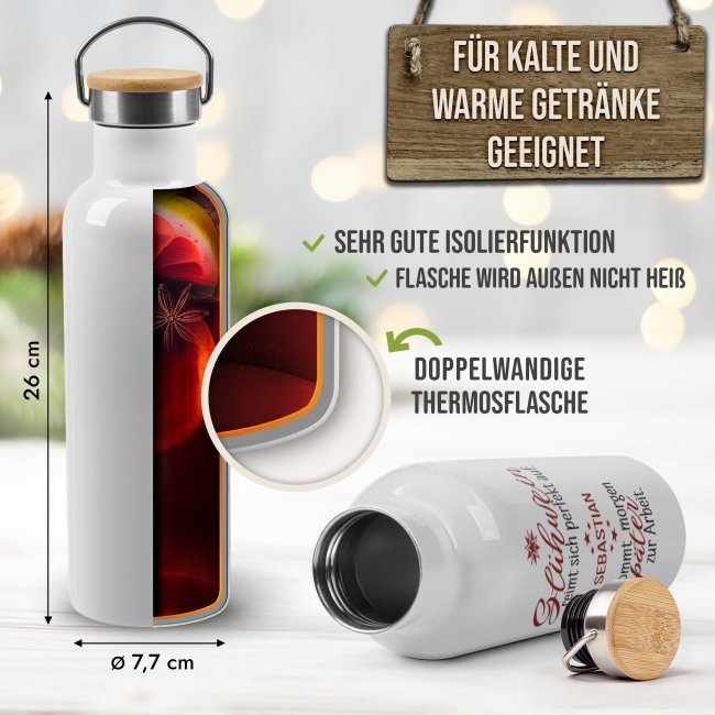 Trinkflasche mit Bambusdeckel - Gl&uuml;hwein reimt sich perfekt auf - Wei&szlig; 750 ml