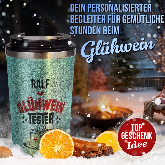 To-Go Edelstahlbecher Glitzer - Tester - mit Name - in vier Farben