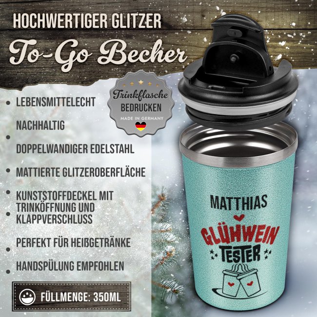 To-Go Edelstahlbecher Glitzer - Tester - mit Name - in vier Farben