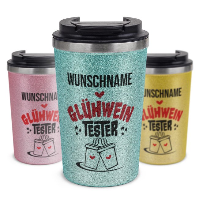 To-Go Edelstahlbecher Glitzer - Tester - mit Name - in vier Farben