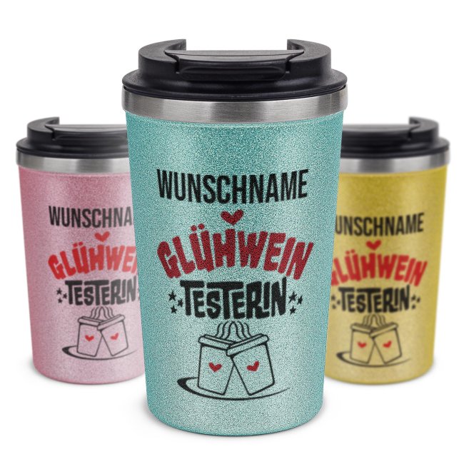 To-Go Edelstahlbecher Glitzer - Testerin - mit Name - in vier Farben