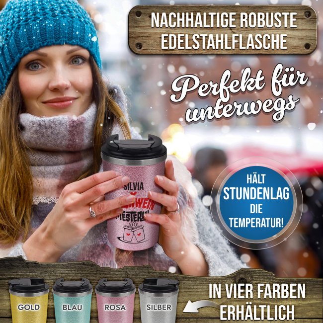 To-Go Edelstahlbecher Glitzer - Testerin - mit Name - in vier Farben