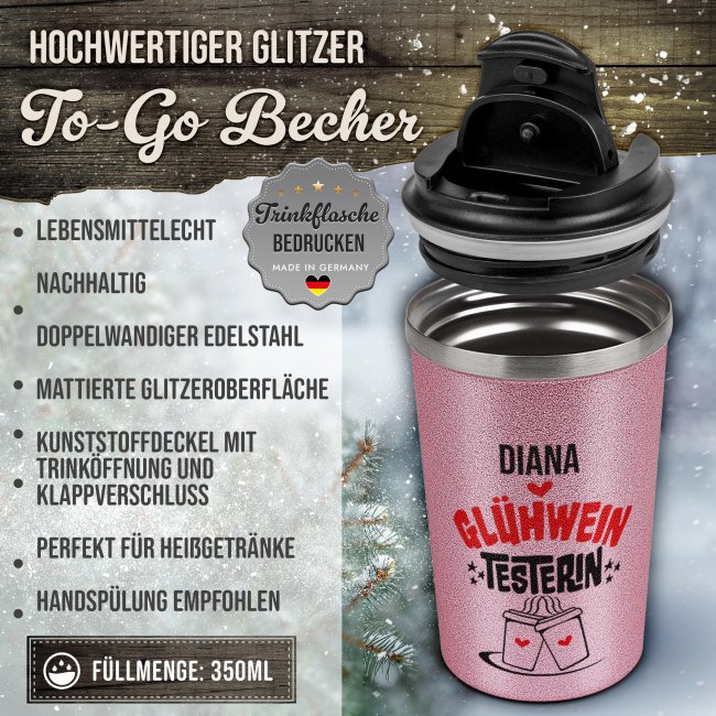 To-Go Edelstahlbecher Glitzer - Testerin - mit Name - in vier Farben