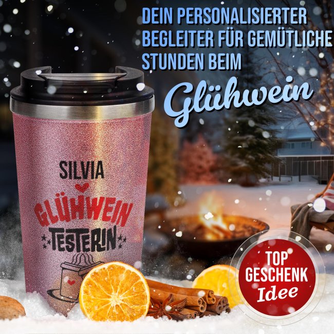 To-Go Edelstahlbecher Glitzer - Testerin - mit Name - in vier Farben