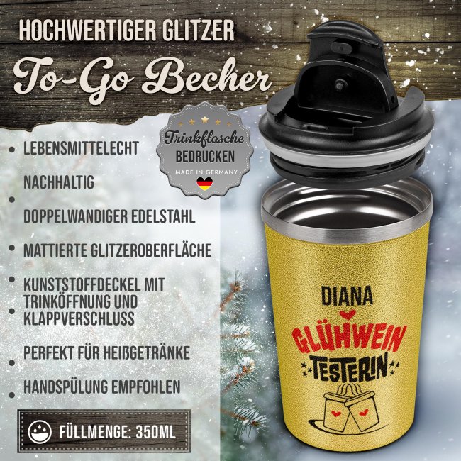 To-Go Edelstahlbecher Glitzer - Testerin - mit Name - Gold - 350 ml