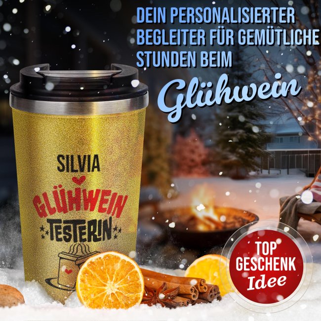 To-Go Edelstahlbecher Glitzer - Testerin - mit Name - Gold - 350 ml