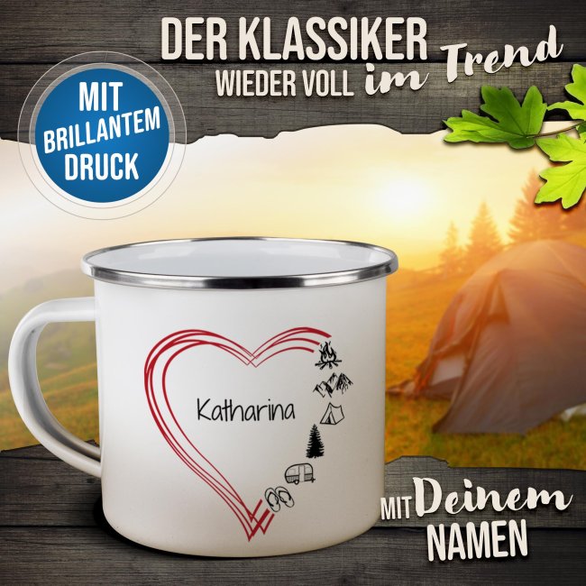 Emaille-Tasse f&uuml;r Camper - Camping Herz - mit Name - 300 ml