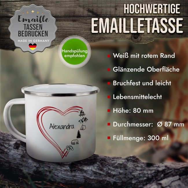 Emaille-Tasse f&uuml;r Camper - Camping Herz - mit Name - 300 ml