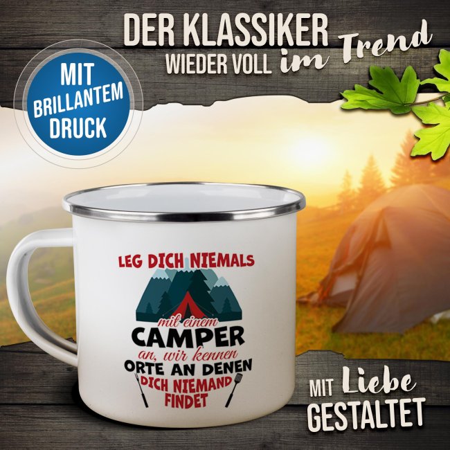 Emaille-Tasse - Leg dich niemals mit einem Camper an - 300 ml