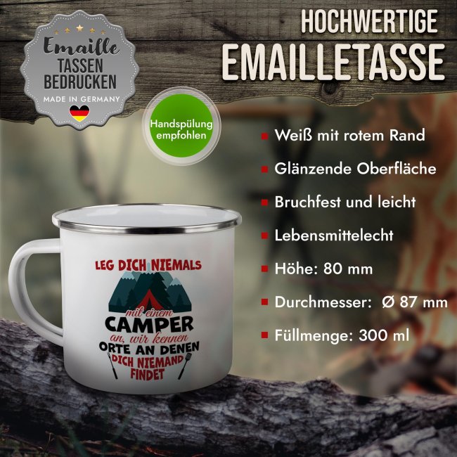 Emaille-Tasse - Leg dich niemals mit einem Camper an - 300 ml