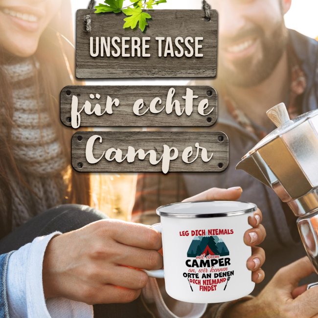 Emaille-Tasse - Leg dich niemals mit einem Camper an - 300 ml