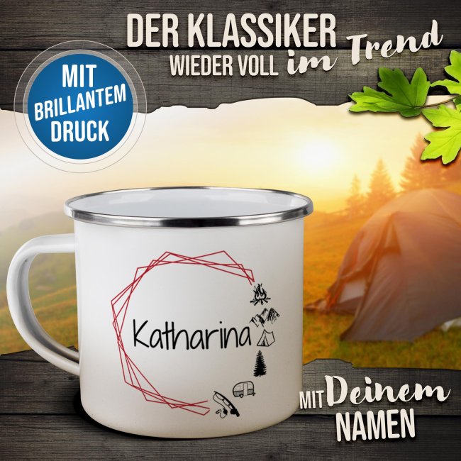 Emaille-Tasse f&uuml;r Camper - Camping Kreis - mit Name - 480 ml