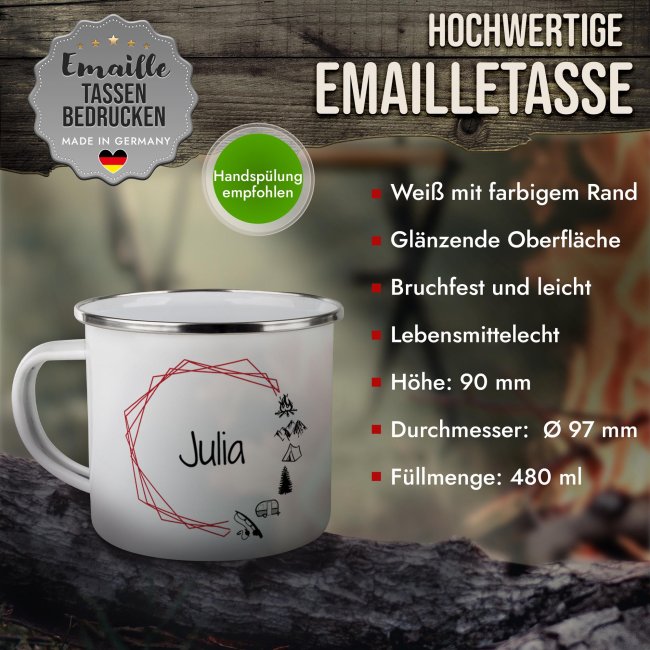 Emaille-Tasse f&uuml;r Camper - Camping Kreis - mit Name - 480 ml