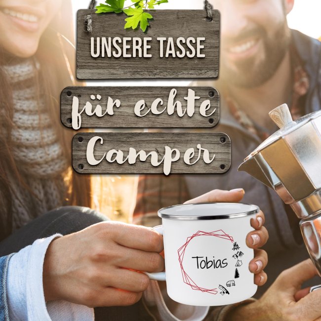 Emaille-Tasse f&uuml;r Camper - Camping Kreis - mit Name - 480 ml