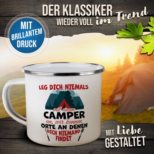 Emaille-Tasse - Leg dich niemals mit einem Camper an - 480 ml