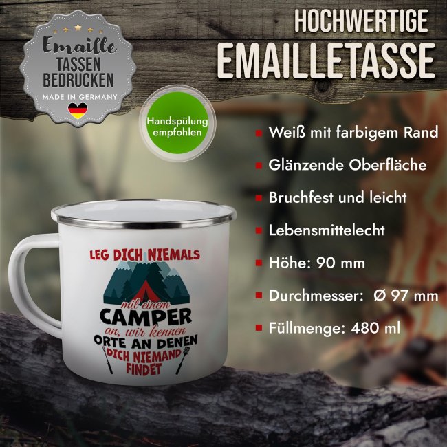 Emaille-Tasse - Leg dich niemals mit einem Camper an - 480 ml